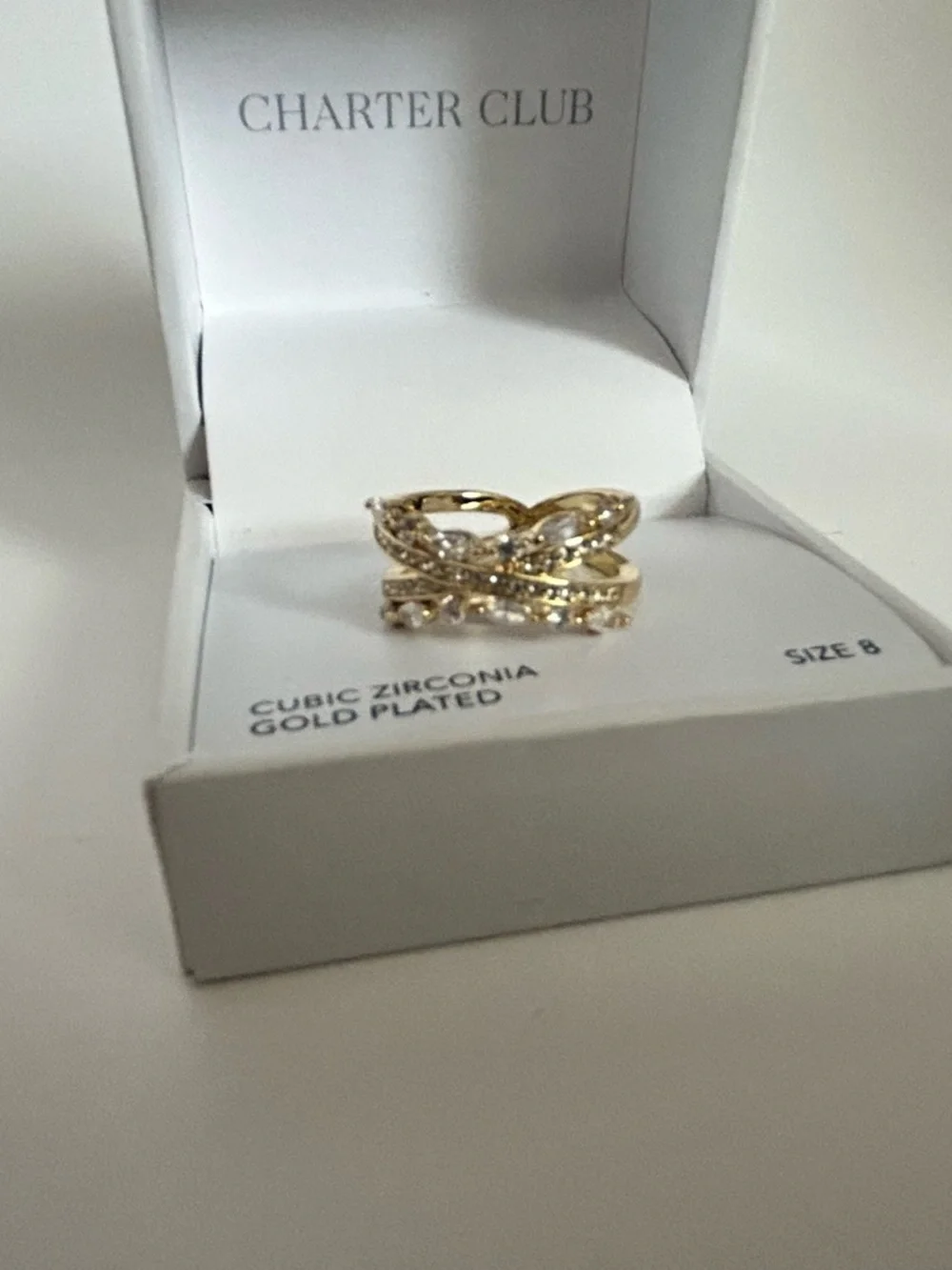 Charter Club Gold Plated Cubic Zirconia Crossover Ring Size 8